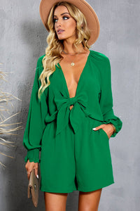Thumbnail for Tied Flounce Sleeve Plunge Romper