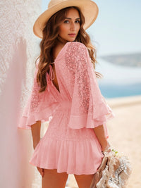 Thumbnail for Ruffle Hem Tie Back Lace Mini Dress