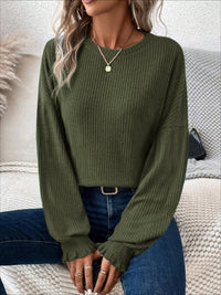 Thumbnail for Ribbed Round Neck Lantern Sleeve T-Shirt