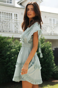 Thumbnail for Lace Detail Plunge Short Sleeve Mini Dress