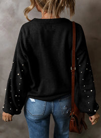 Thumbnail for Pearl Detail Round Neck Long Sleeve Sweater