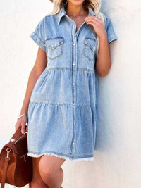 Thumbnail for Raw Hem Short Sleeve Denim Dress