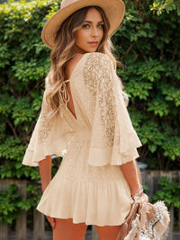 Thumbnail for Ruffle Hem Tie Back Lace Mini Dress