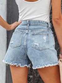 Thumbnail for Distressed Fringe Denim Shorts with Pockets