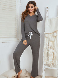 Thumbnail for Notched Long Sleeve Top and Pants Set