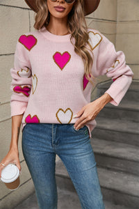 Thumbnail for Angel Wings Contrast Heart Round Neck Long Sleeve Sweater