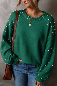 Thumbnail for Pearl Detail Round Neck Long Sleeve Sweater