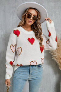 Thumbnail for Angel Wings Contrast Heart Round Neck Long Sleeve Sweater