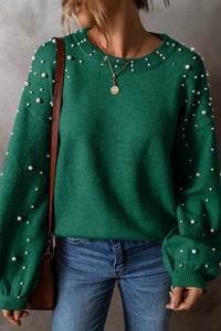 Thumbnail for Pearl Detail Round Neck Long Sleeve Sweater