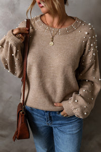Thumbnail for Pearl Detail Round Neck Long Sleeve Sweater