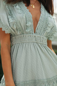 Thumbnail for Lace Detail Plunge Short Sleeve Mini Dress
