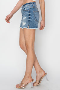 Thumbnail for RISEN Stepped Waist Frayed Denim Shorts