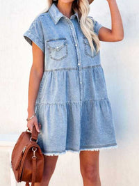 Thumbnail for Raw Hem Short Sleeve Denim Dress