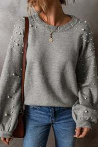 Thumbnail for Pearl Detail Round Neck Long Sleeve Sweater