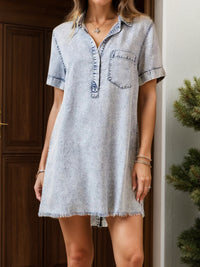 Thumbnail for Pocketed Collared Neck Short Sleeve Denim Dress