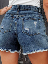 Thumbnail for Distressed Fringe Denim Shorts with Pockets