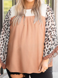 Thumbnail for Plus Size Leopard Ruffle Trim Long Sleeve Blouse