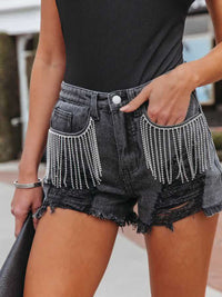 Thumbnail for Distressed Fringe Denim Shorts with Pockets