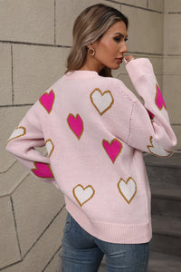 Thumbnail for Angel Wings Contrast Heart Round Neck Long Sleeve Sweater