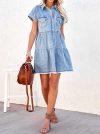 Thumbnail for Raw Hem Short Sleeve Denim Dress