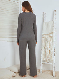 Thumbnail for Notched Long Sleeve Top and Pants Set