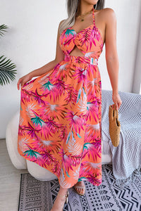 Thumbnail for Botanical Print Backless Cutout Slit Maxi Dress