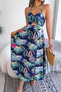 Thumbnail for Botanical Print Backless Cutout Slit Maxi Dress