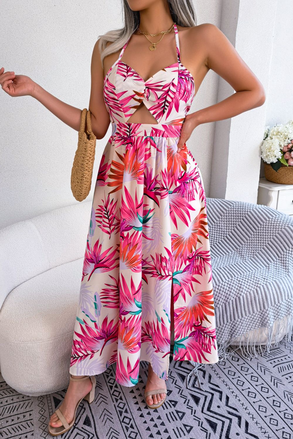Botanical Print Backless Cutout Slit Maxi Dress