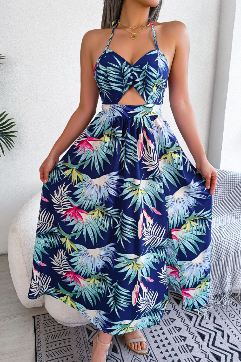 Botanical Print Backless Cutout Slit Maxi Dress