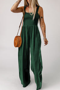 Thumbnail for Smocked Square Neck Wide Leg Jumpsuit with Pockets
