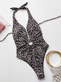 Thumbnail for Leopard Halter Neck Ring Detail One-Piece Swimsuit