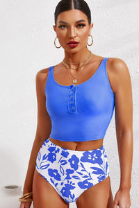 Thumbnail for Half Snap Square Neck Tankini Swim Suit