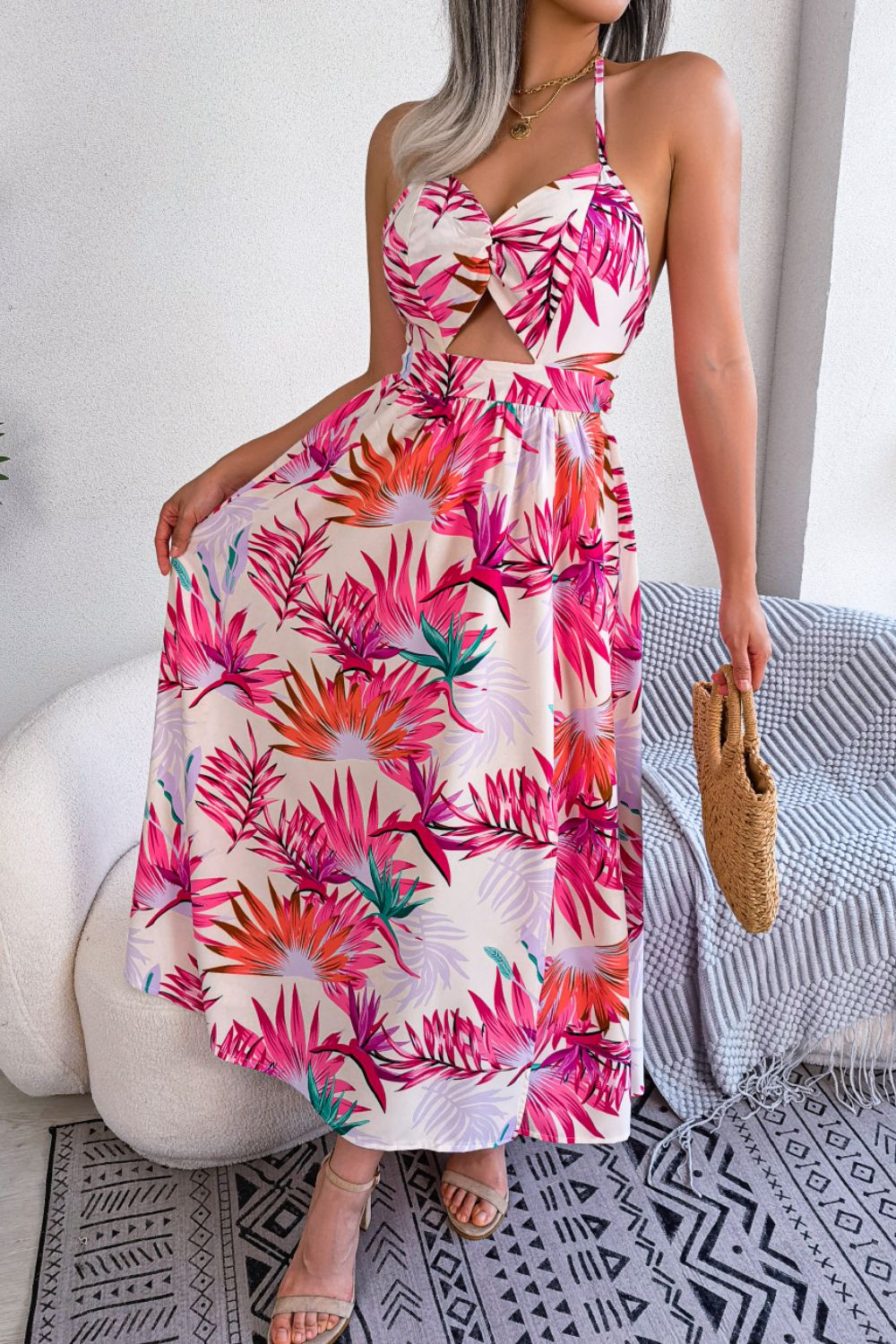 Botanical Print Backless Cutout Slit Maxi Dress