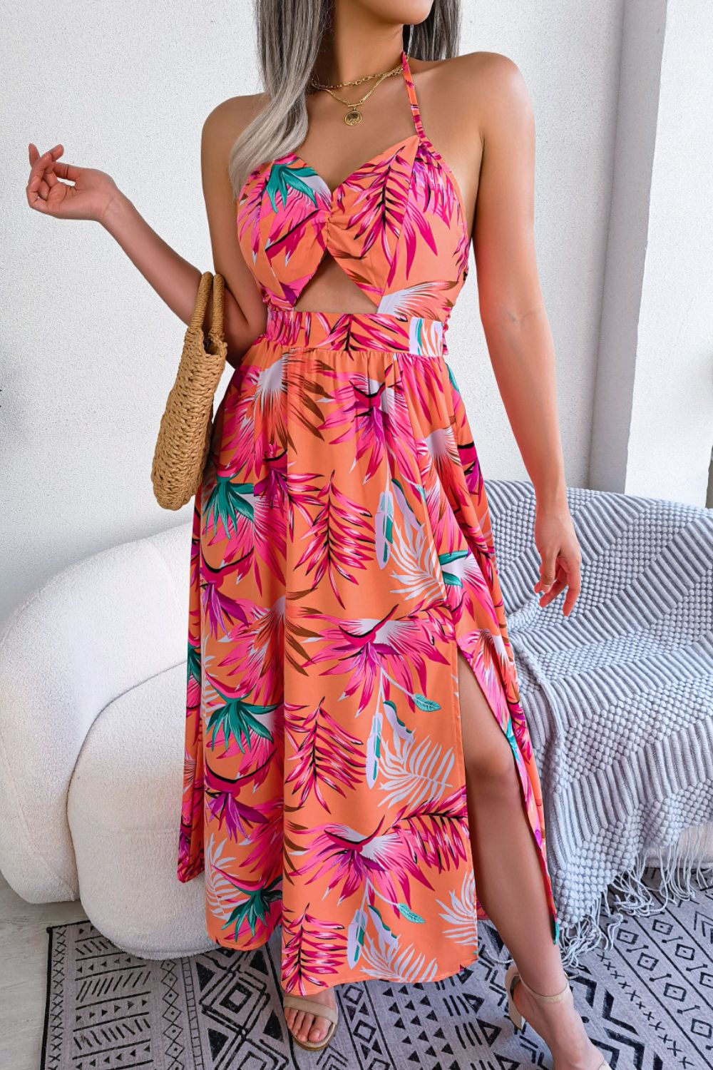 Botanical Print Backless Cutout Slit Maxi Dress