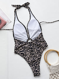 Thumbnail for Leopard Halter Neck Ring Detail One-Piece Swimsuit