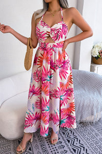 Thumbnail for Botanical Print Backless Cutout Slit Maxi Dress