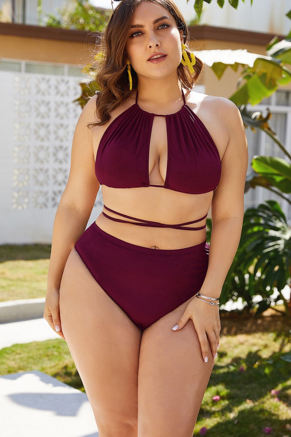 Plus Size Cutout Tied Backless Bikini
