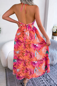 Thumbnail for Botanical Print Backless Cutout Slit Maxi Dress