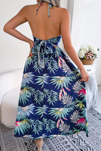 Thumbnail for Botanical Print Backless Cutout Slit Maxi Dress
