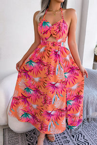 Thumbnail for Botanical Print Backless Cutout Slit Maxi Dress
